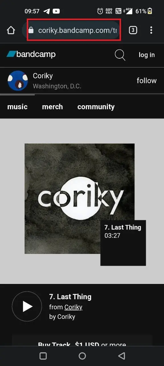 copy bandcamp track url from mobile chrome browser
